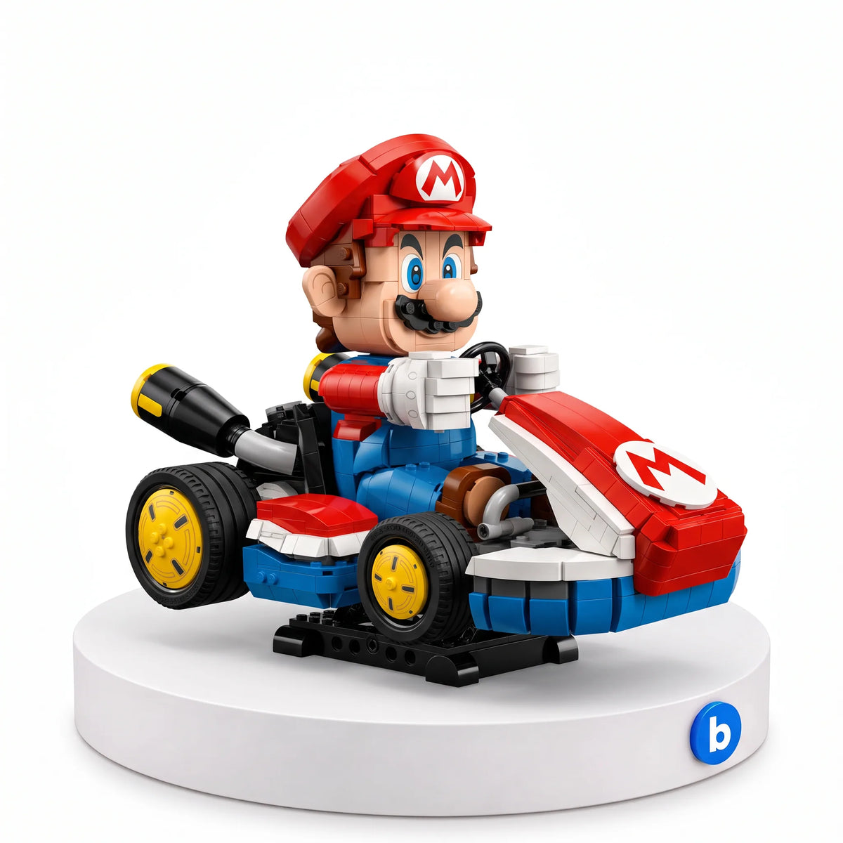 Mario Kart em blocos de montar BlocoBox, com 1972 peças, na base branca com o selo da BlocoBox