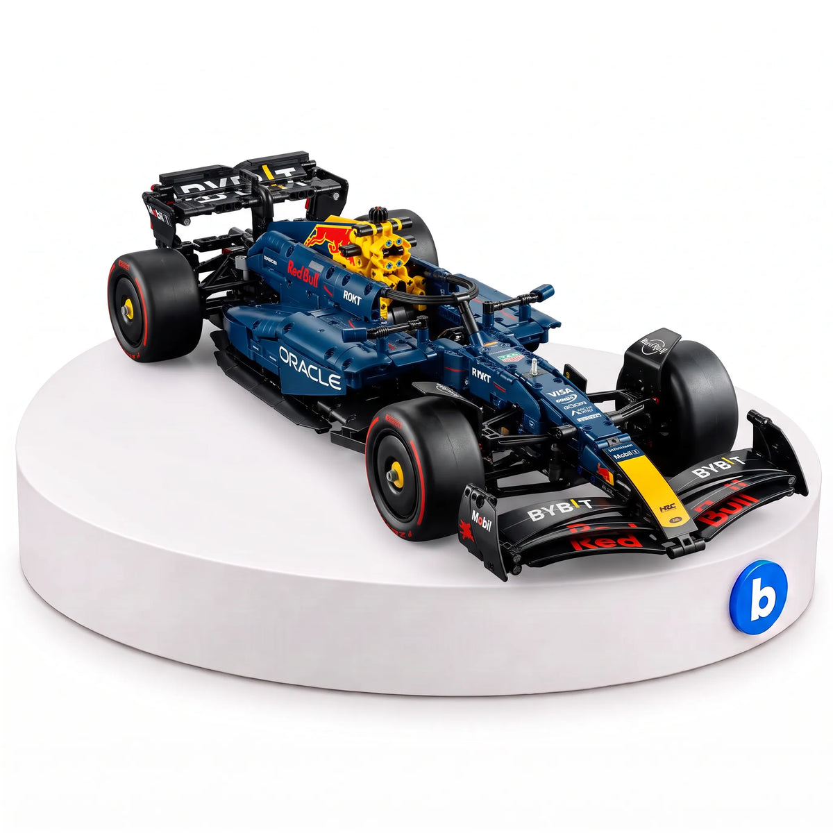 Fórmula 1 Red Bull Racing Oracle RB20 em blocos de montar BlocoBox, com 1639 peças, na base branca com o selo da BlocoBox
