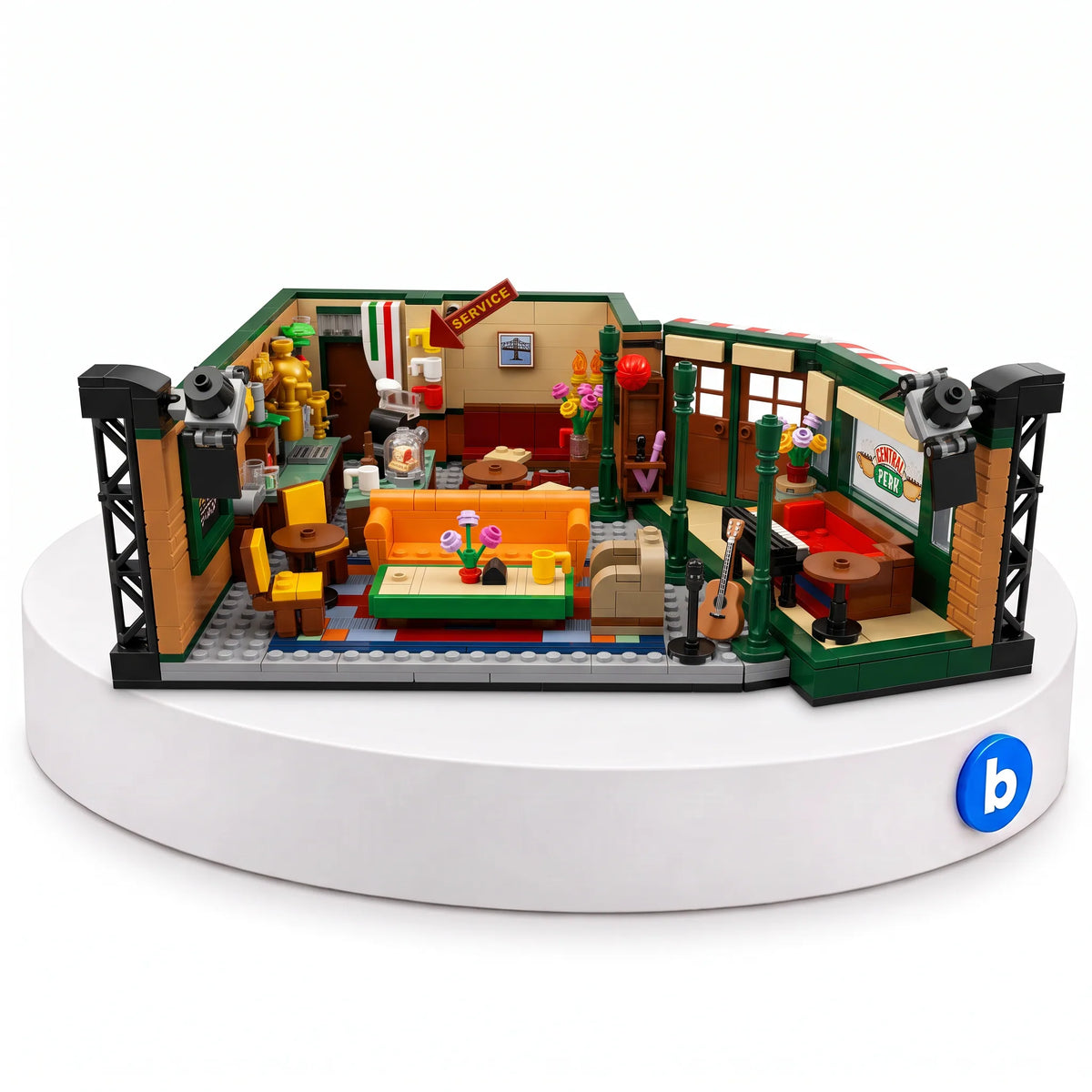Central Perk - Friends em blocos de montar BlocoBox, com 1228 peças, na base branca com o selo da BlocoBox