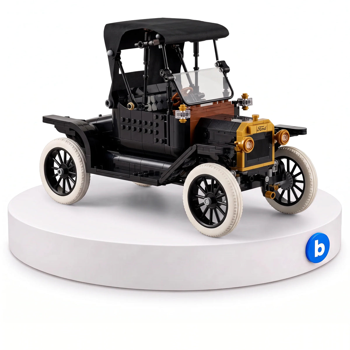 Ford Model T em blocos de montar BlocoBox, com 1060 peças, na base branca com o selo da BlocoBox