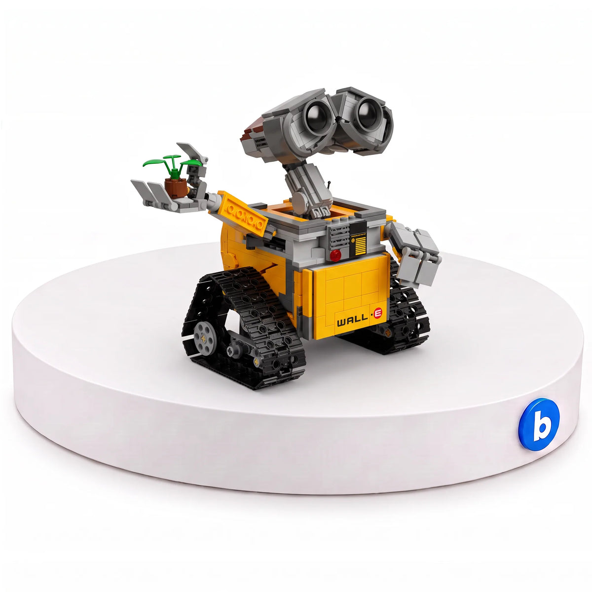 Wall-E em blocos de montar BlocoBox, com 687 peças, na base branca com o selo da BlocoBox